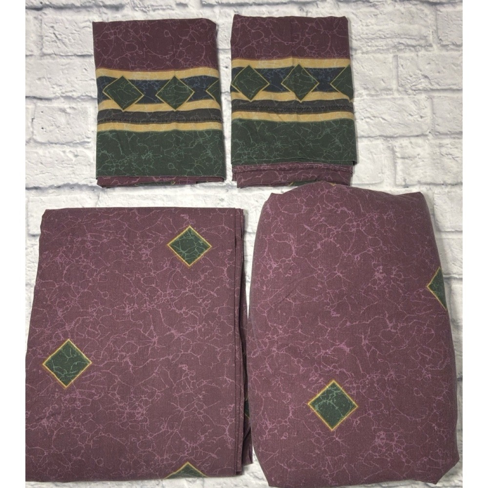 Springs Sheet Set Amalfi Jewel Tone Marble KING Burgundy 90s Vtg Diamond Geo